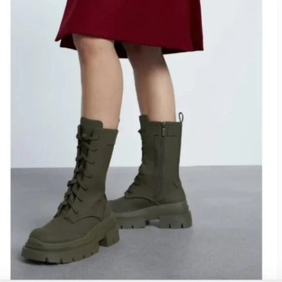 Zara Women's Rubberized Lace-Up Boots Khaki Green - Picture 9 of 10
